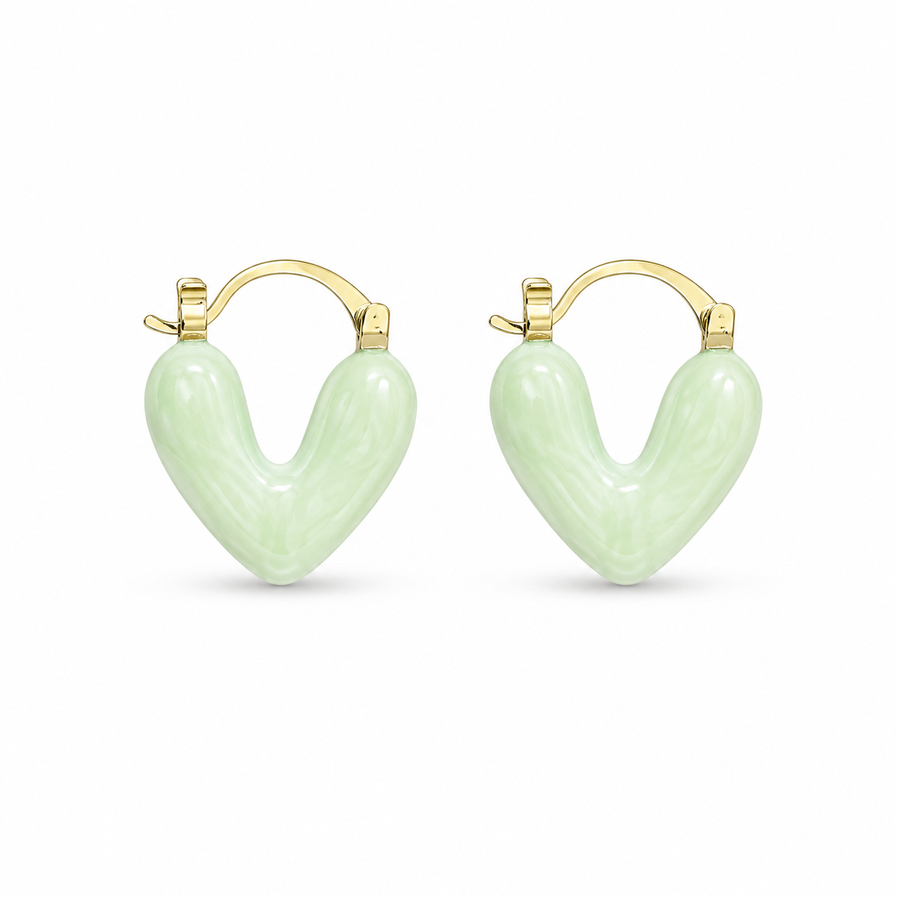 Mint green heart hoop earrings with glossy finish and gold-tone fastening