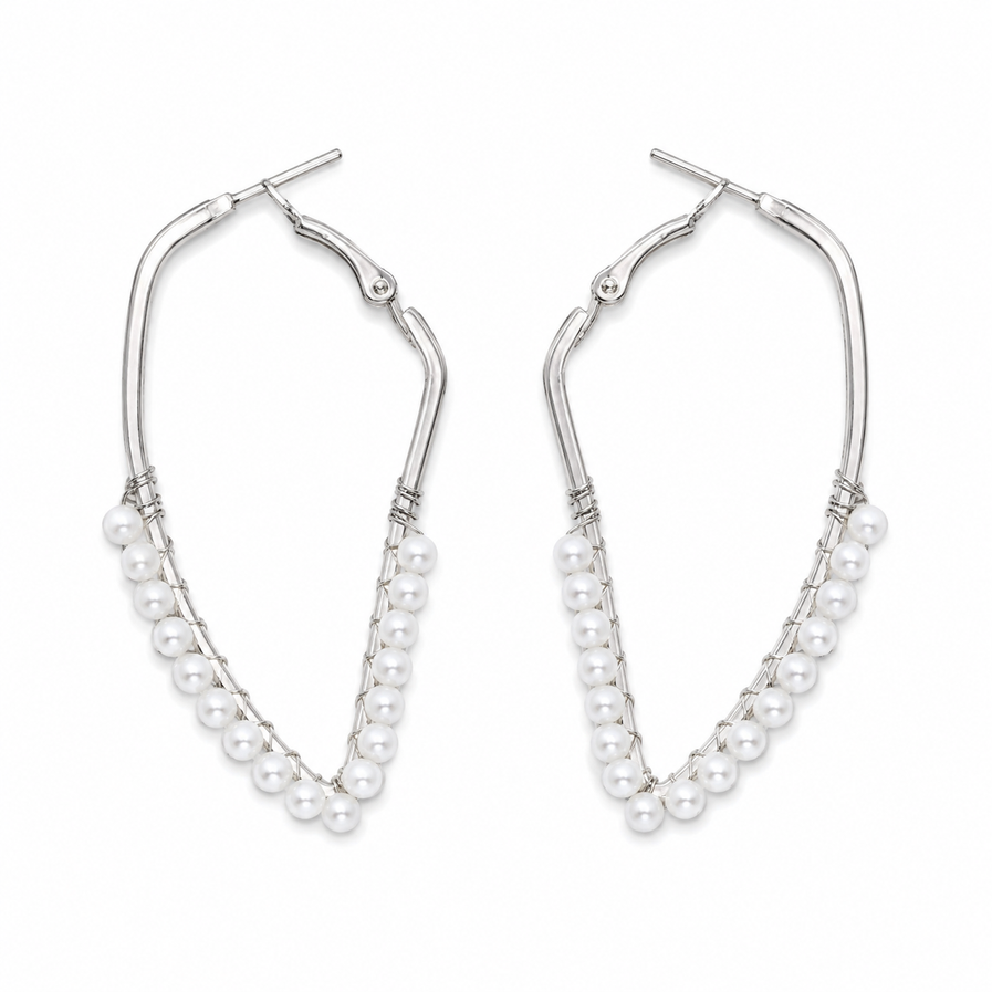 Silver-tone pointed hoop earrings with pearl clusters