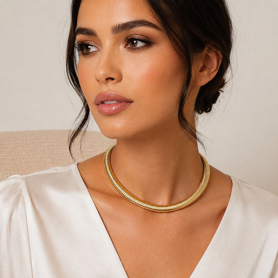 Model wearing Luna Coil Gold Choker Necklace