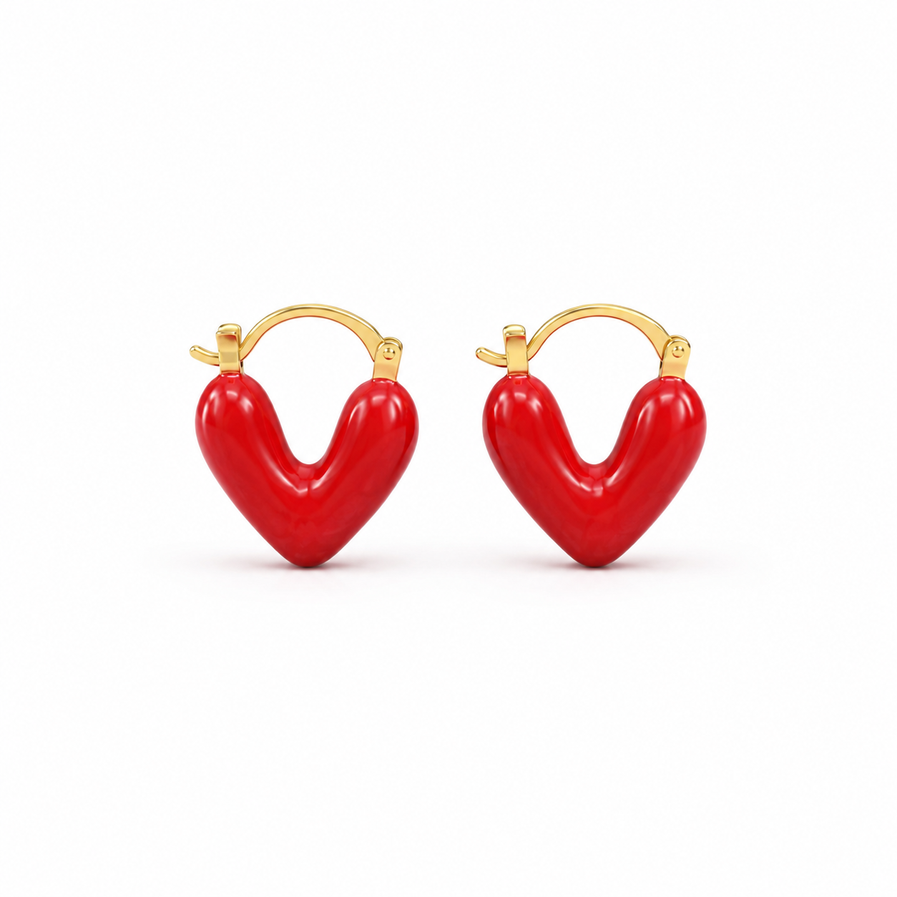 Glossy red heart hoop earrings with gold-tone fastening on white background