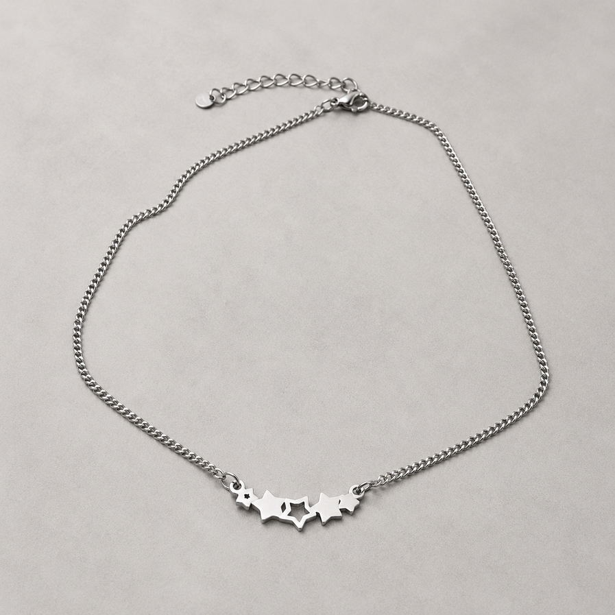 Celestial star cluster stainless steel necklace on grey background