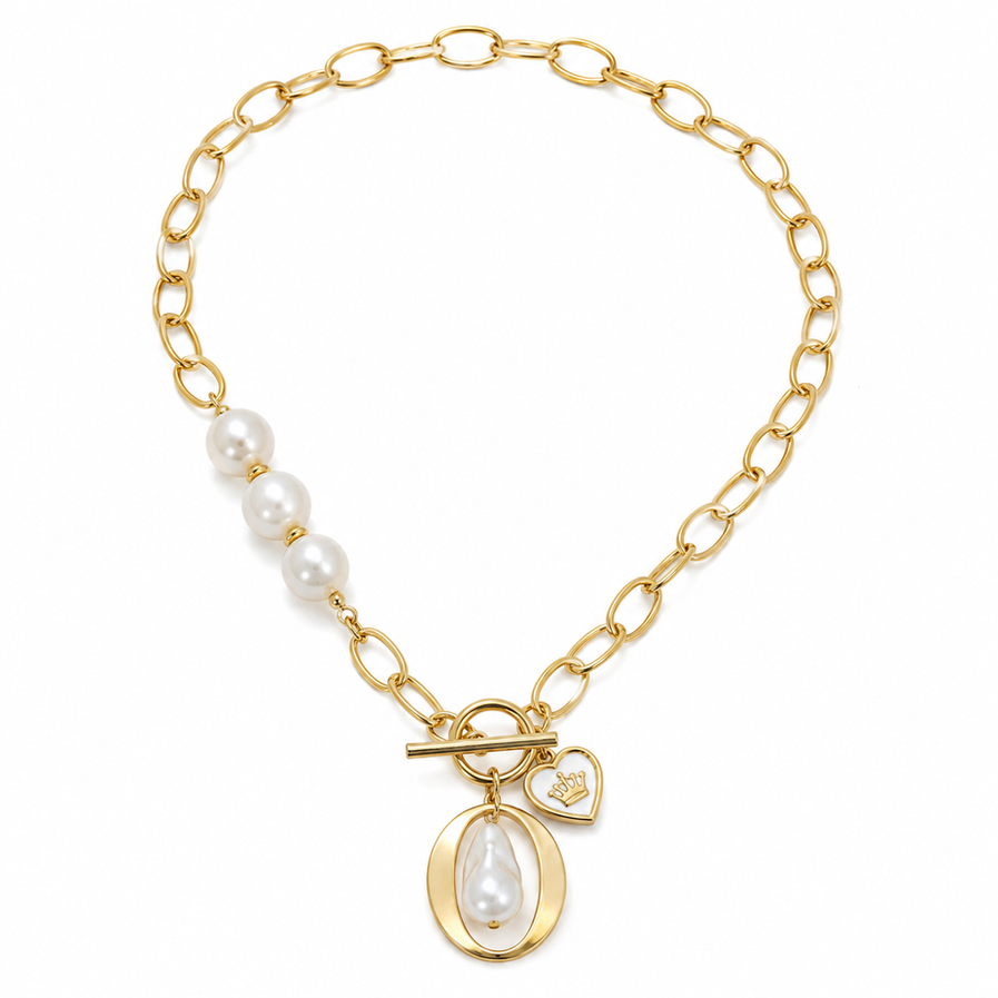A luxurious 18K gold-plated link chain necklace featuring a heart-shaped charm alongside a shimmering pearl pendant