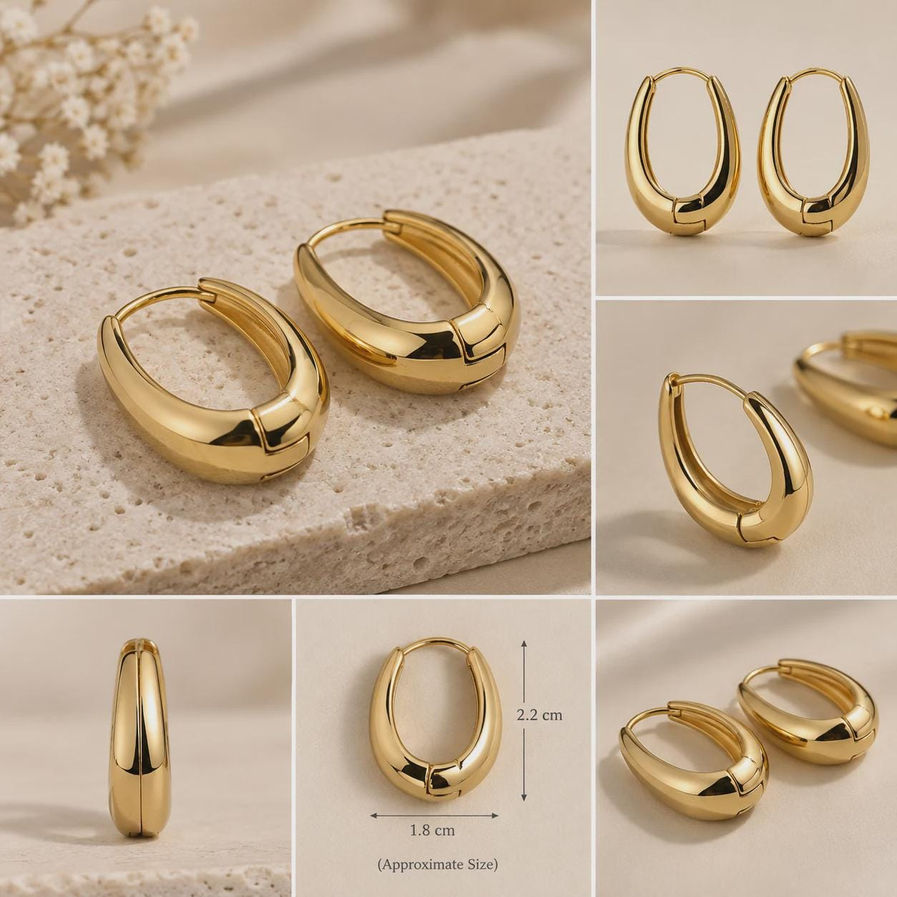 Gold plated chunky hoop earrings, oval statement huggie hoops styled flat lay