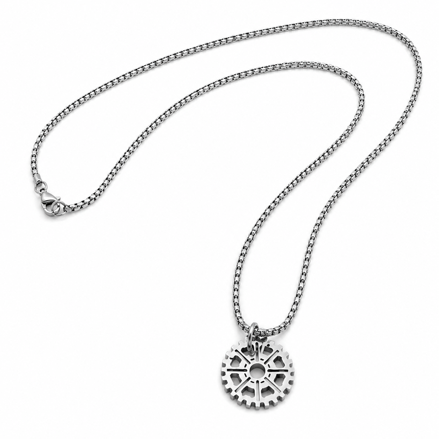 Stainless steel wheel pendant necklace on white background