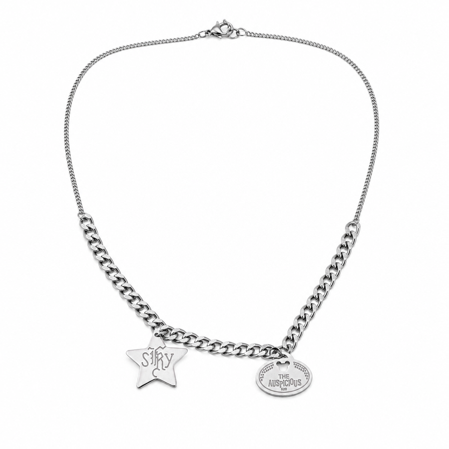 Double pendant stainless steel chain on white background
