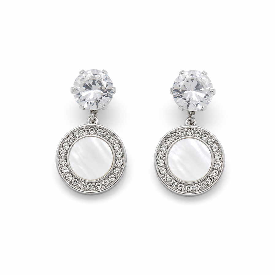 Silver round stud-drop earrings with clear crystal-style top and pearl-look centre worn by a model.