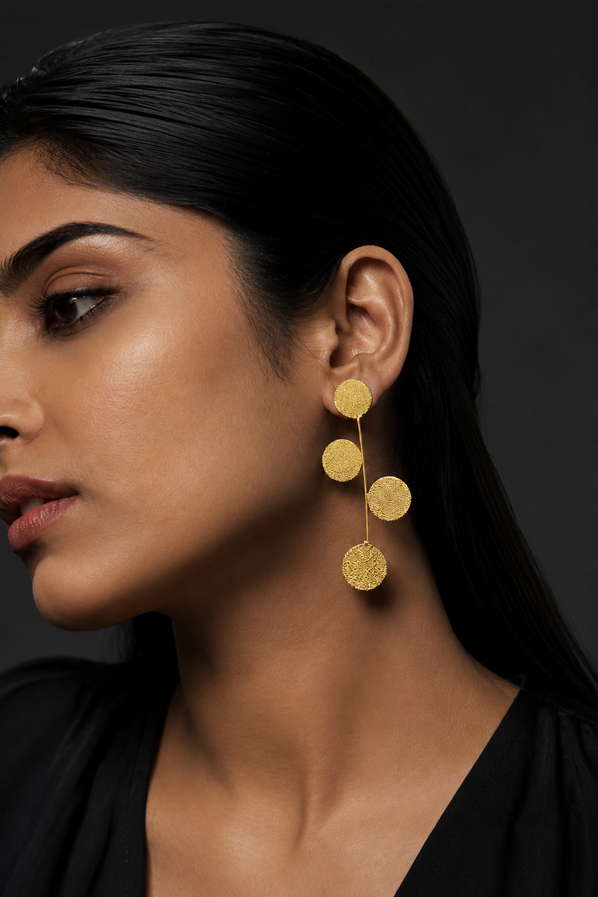 Gold-tone brass long drop earrings for women with geometric circle design