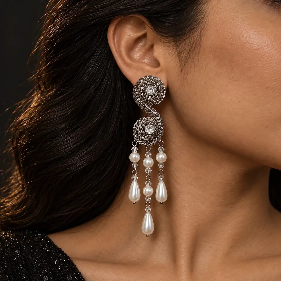 Pearl Chandelier Earrings Silver | Festive Party Statement Danglers