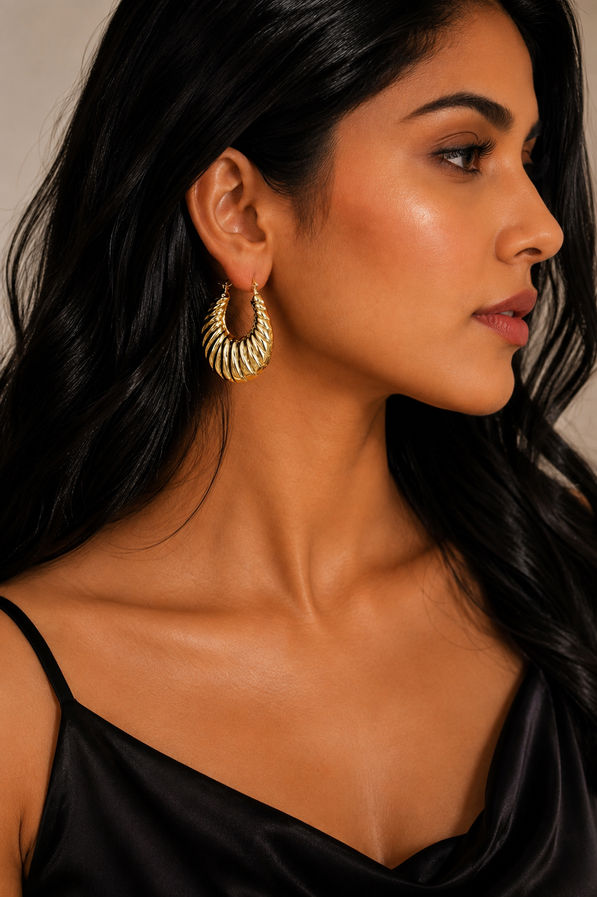 Side profile of woman wearing bold ribbed gold hoop earrings