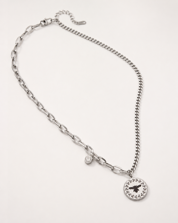 Silver stainless steel mixed chain necklace with round bee medallion and crystal charm