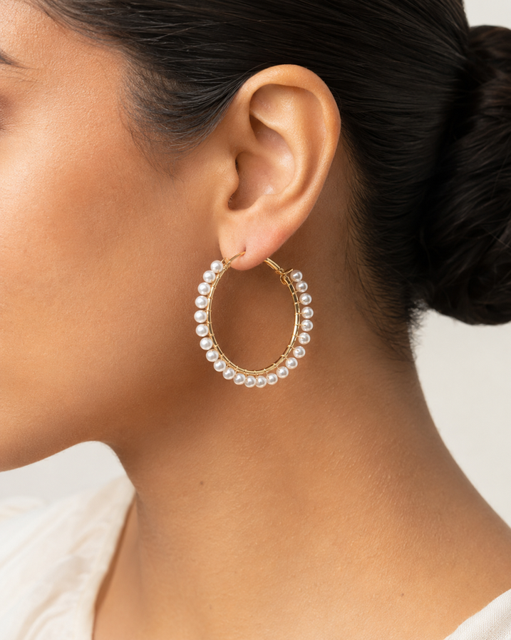 Round gold-tone pearl hoop earrings for women