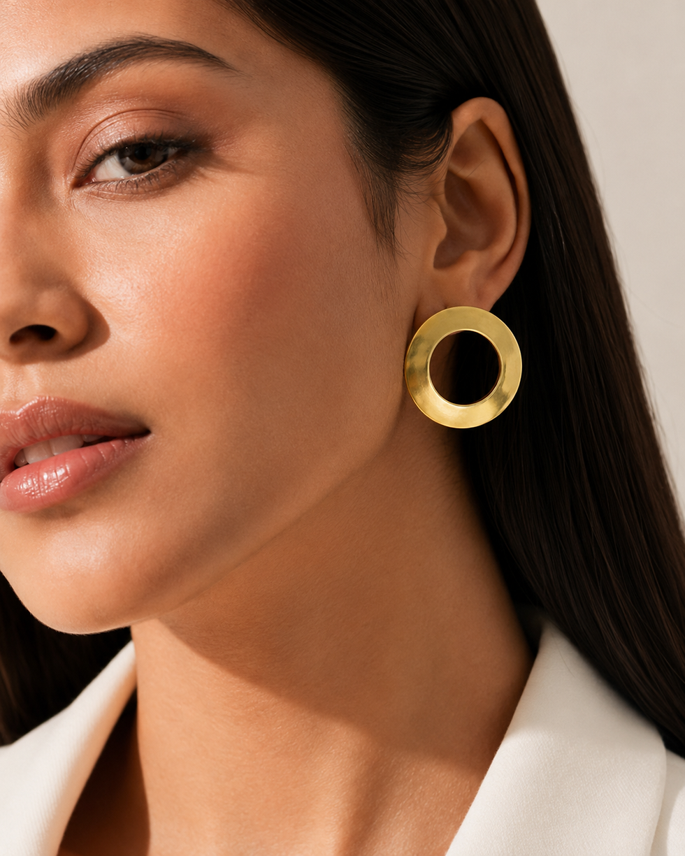 Gold Brass Circular Statement Earrings