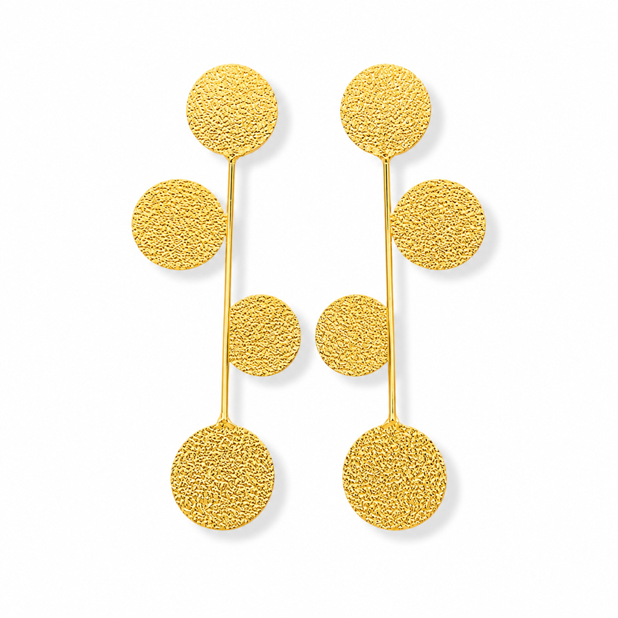 Gold textured brass drop earrings with circular disc design on white background