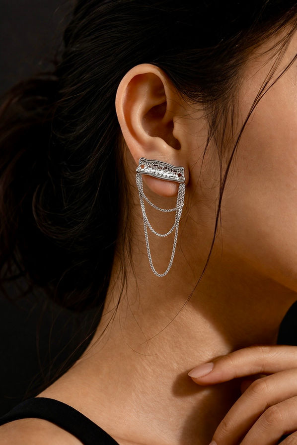 Silver chain drop statement earrings with sleek bar design and hanging chains