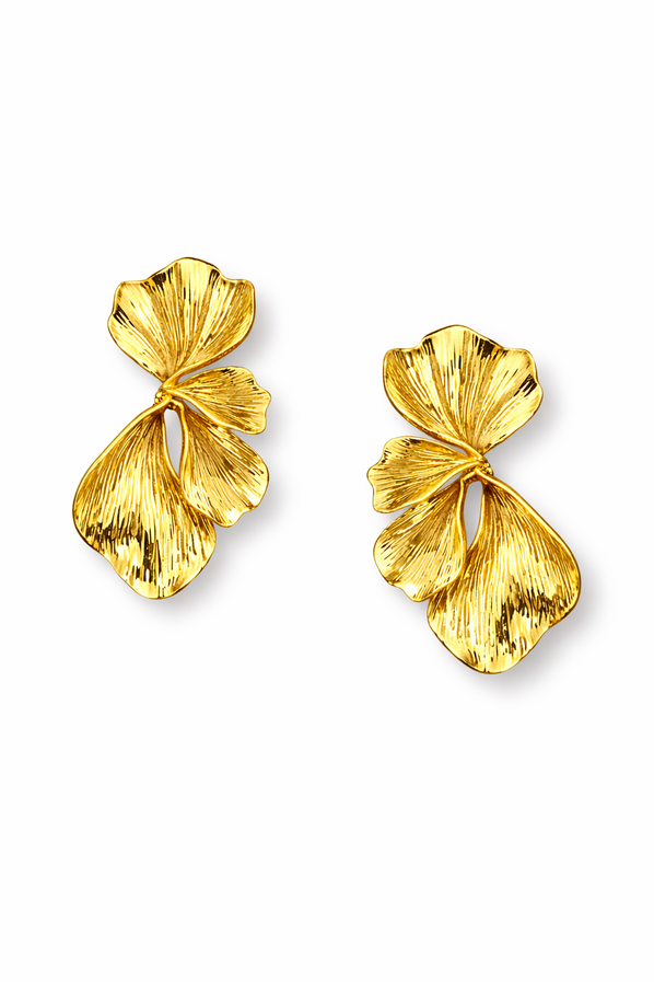 Sculpted gold petal earrings with shiny textured finish