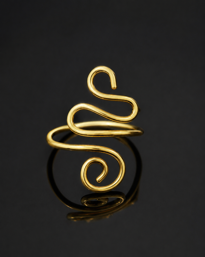 Gold snake ring with detailed scales on dark background