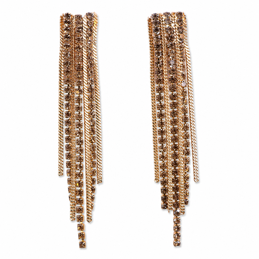 Long rose gold party tassel earrings with sparkling strands on black background