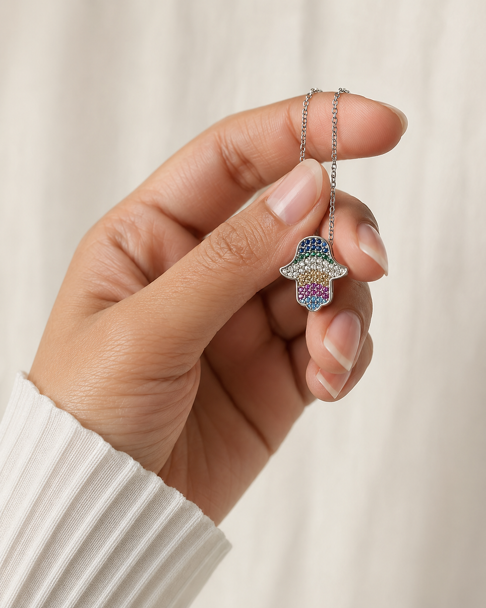 Multicolour crystal Hamsa hand pendant necklace on silver-tone chain