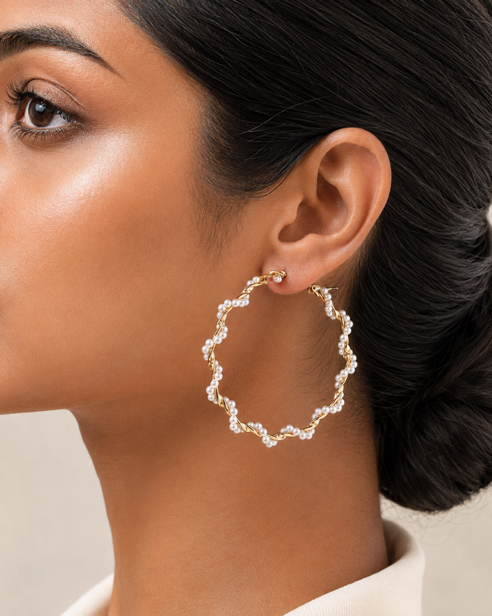 Twisted gold-tone pearl hoop earrings for women
