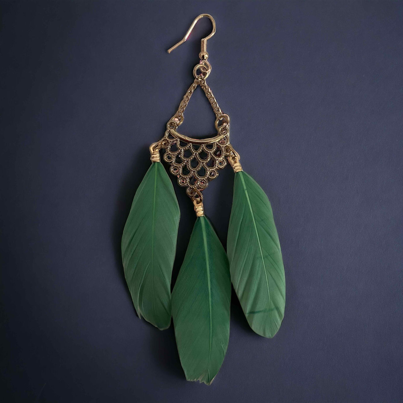 Handcrafted Green Feather Earrings with boho design, perfect for free-spirited fashion