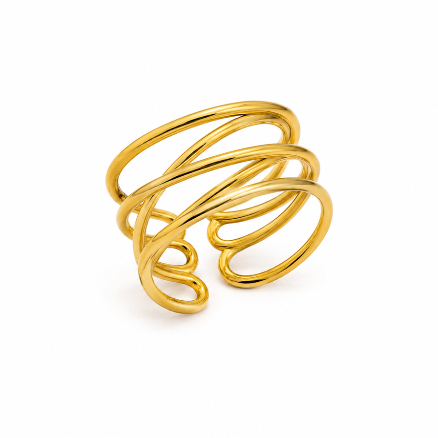 Adjustable gold spiral ring on white background