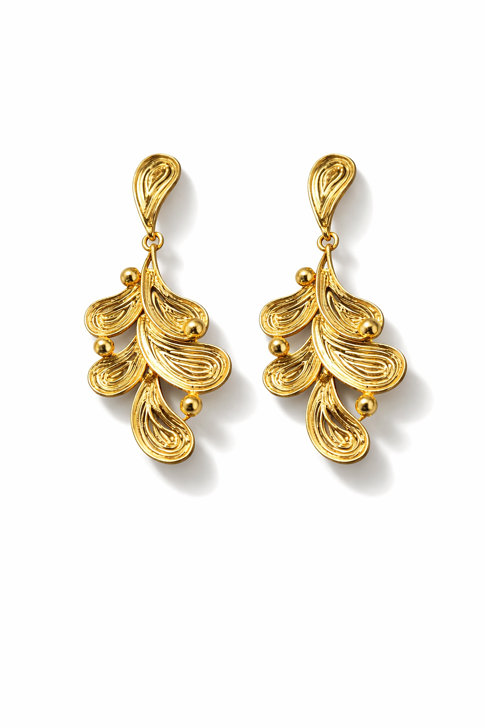 Elegant gold statement earrings with cascading leaf motif and polished finish