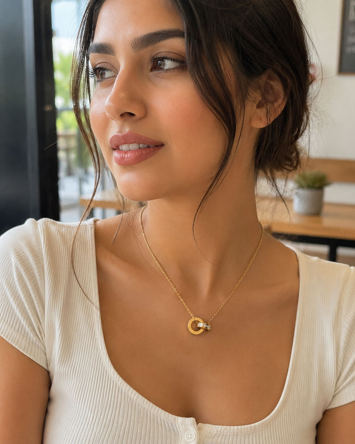 Casual gold pendant necklace styling