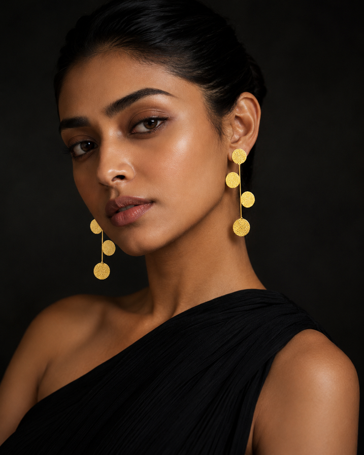 Model wearing gold brass statement drop earrings with black outfit