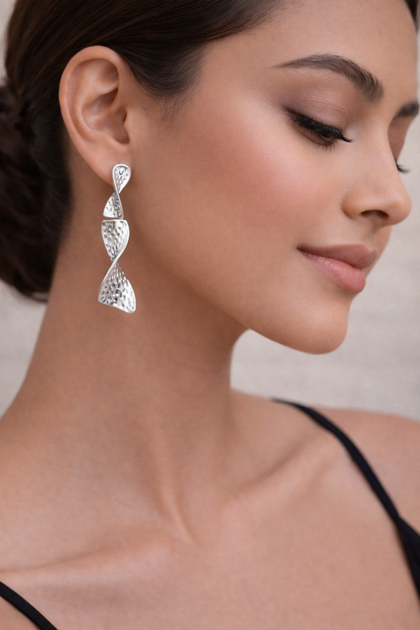 Twisted drop statement earrings in high-quality silver plated finish