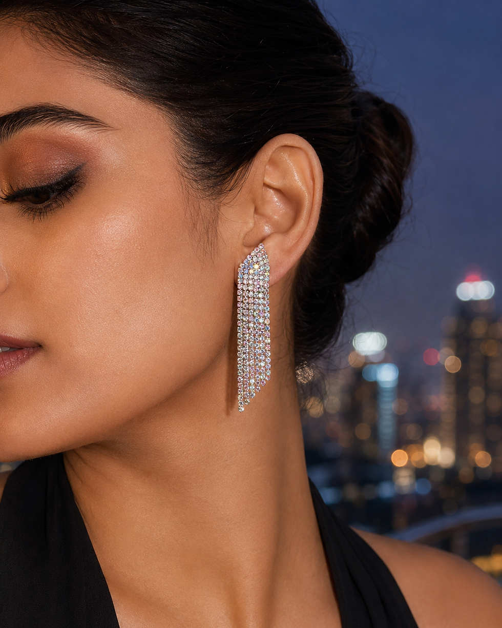 Iridescent Crystal Dangler Earrings worn by model at evening party