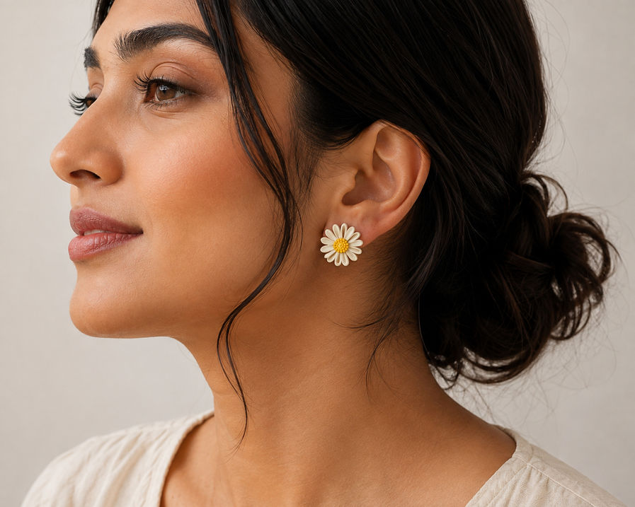 Woman wearing mismatched Korean floral stud earrings in white