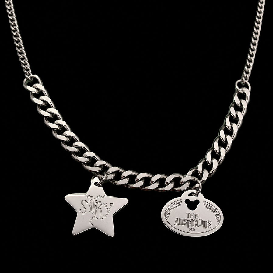Long stainless steel casual necklace on black background