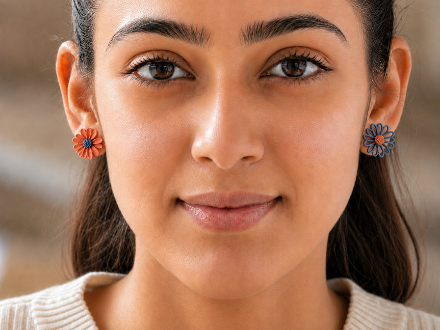 Woman wearing mismatched Korean floral stud earrings in orange and blue