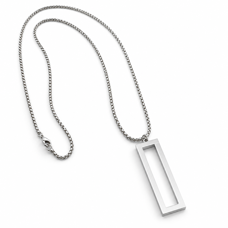 Open rectangular stainless steel necklace on white background