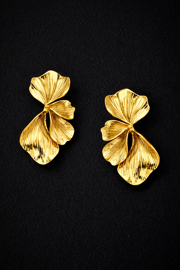 Oversized textured gold leaf drop earrings for women