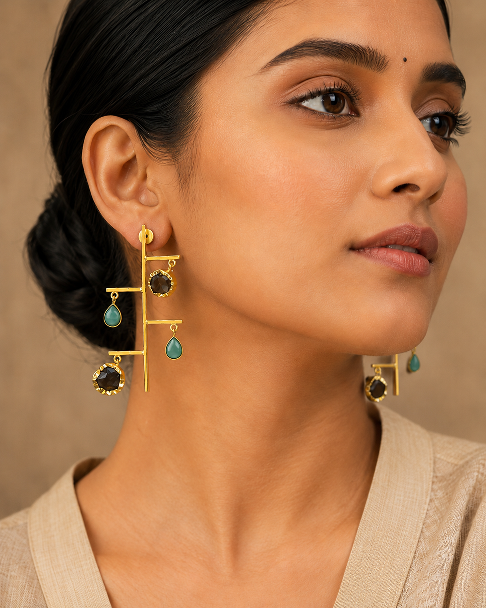 Navy and rust gold brass gemstone earrings for festive and party wear