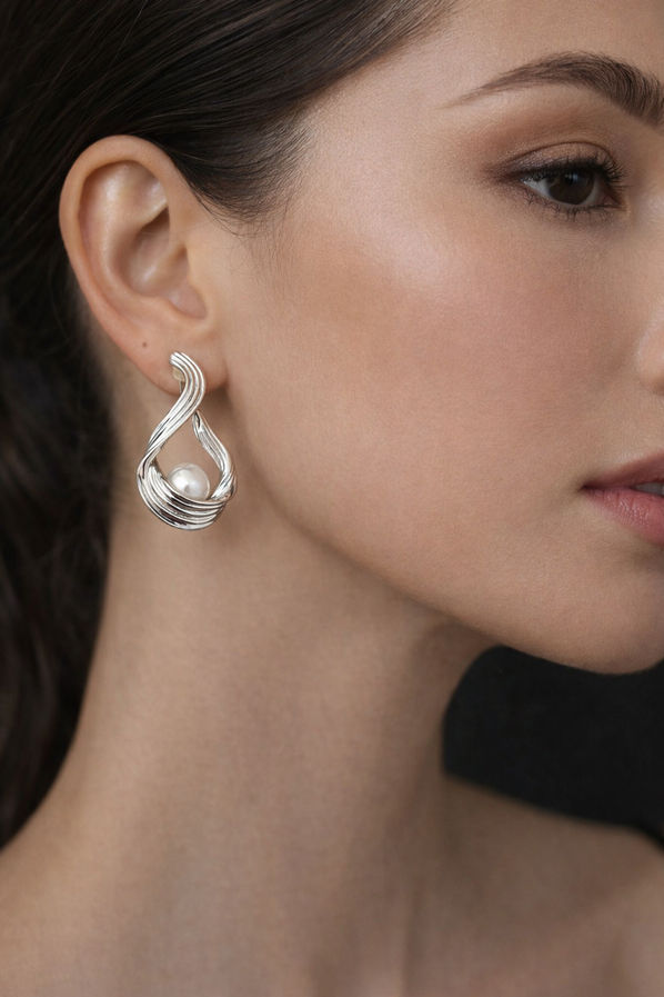 Elegant silver statement earrings with pearl center detail