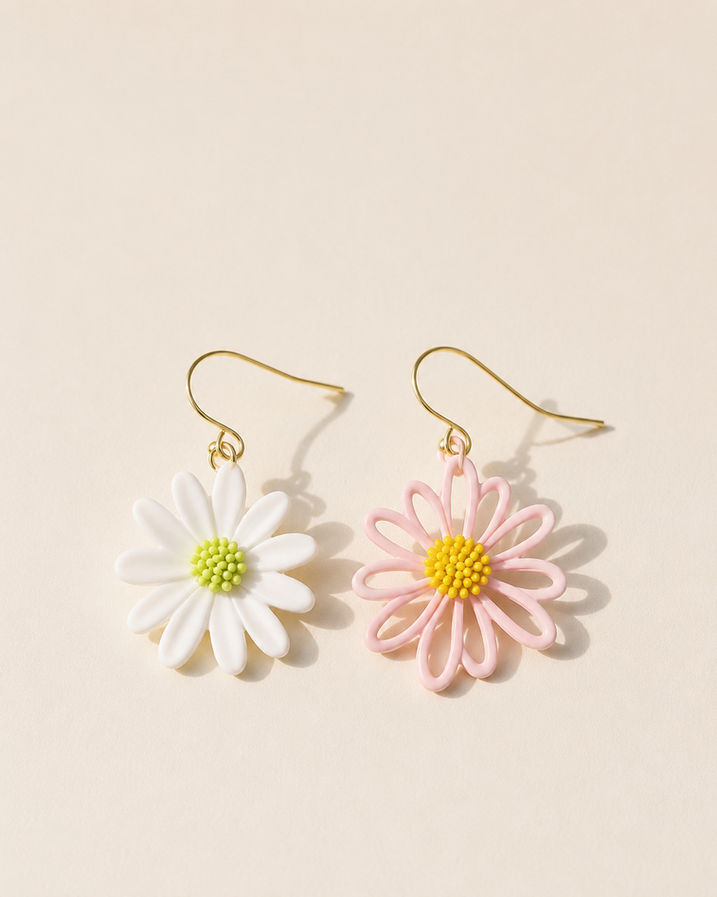 Close-up of Korean daisy stud earring in with 925 silver post