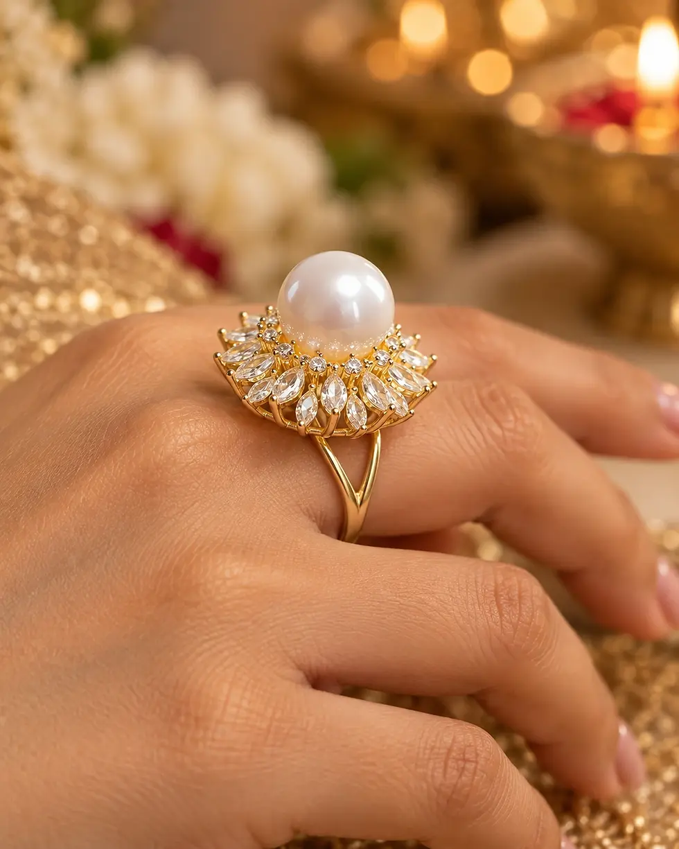Woman wearing gold pearl statement ring for festive occasion