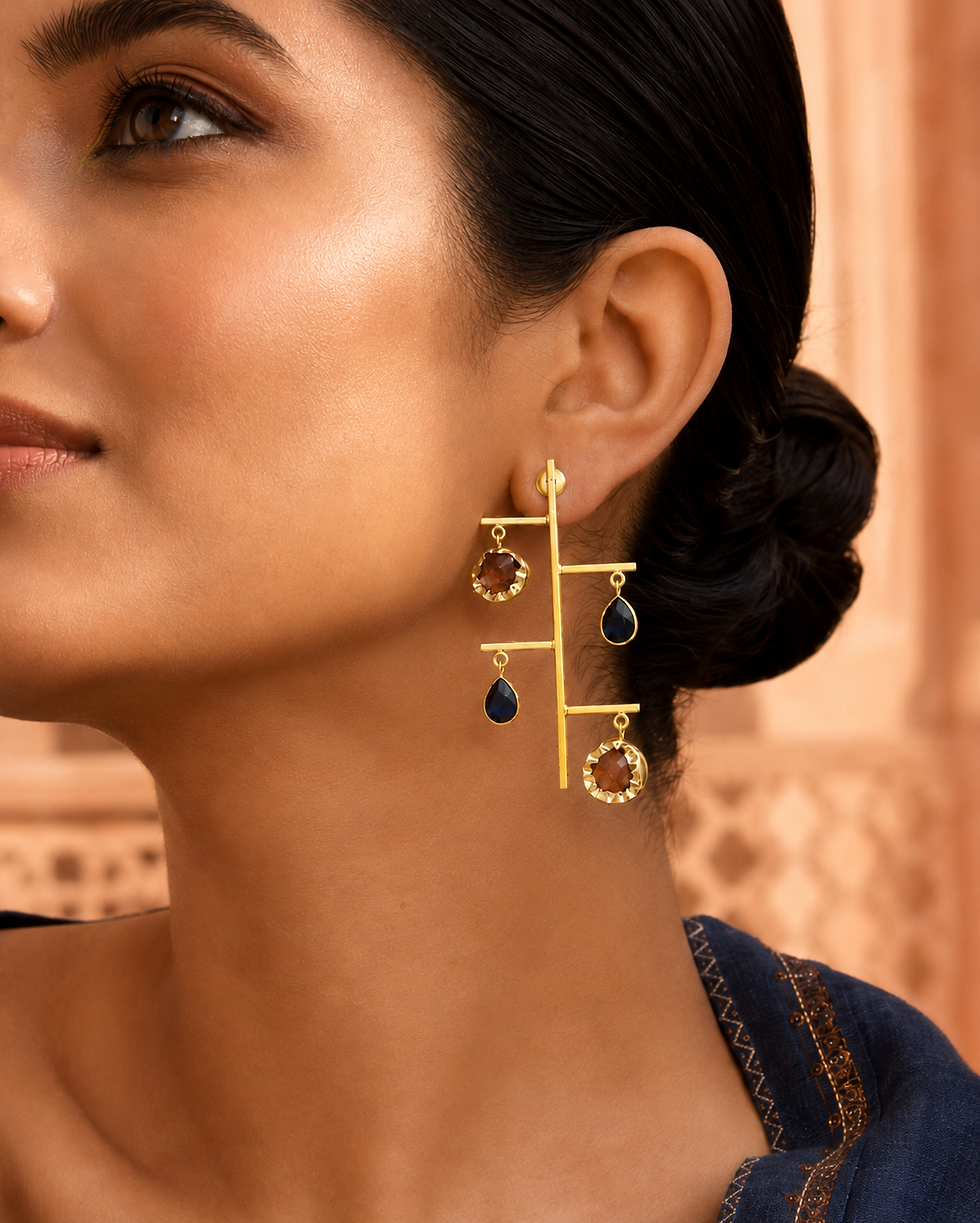 Gold brass gemstone statement earrings with ladder-style design and hanging stone details