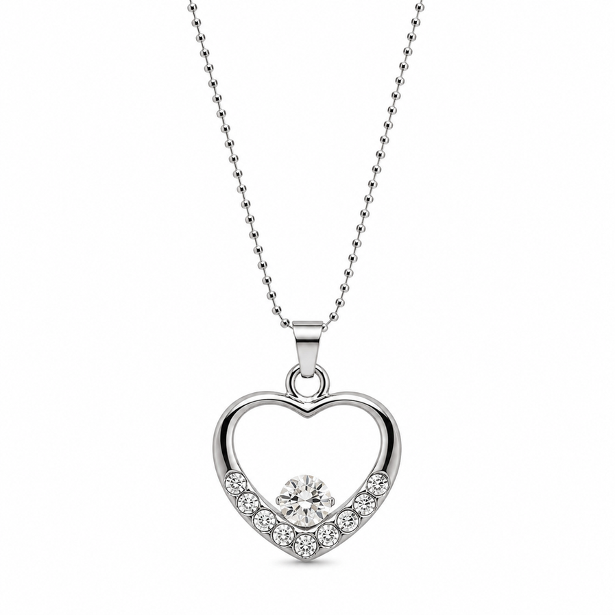 Silver-tone open heart pendant with centre crystal for women