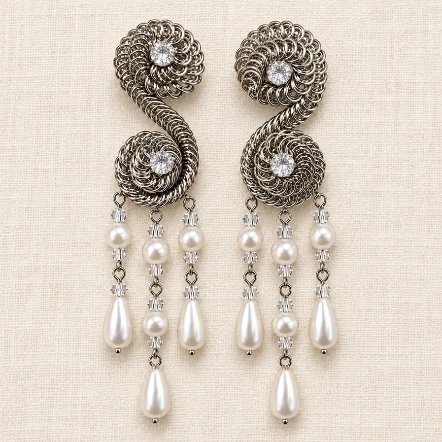 Pearl Chandelier Earrings Silver | Festive Party Statement Danglers