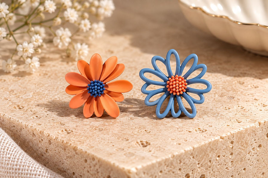 Close-up of Korean daisy stud earring in with 925 silver post