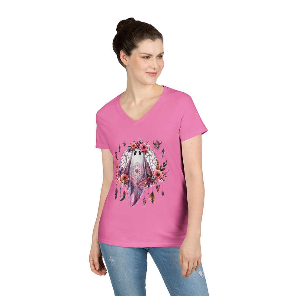 Thumbnail: V-Neck T-Shirt - Cute Boho Hippie Girlie Ghost Fall Halloween Shirt