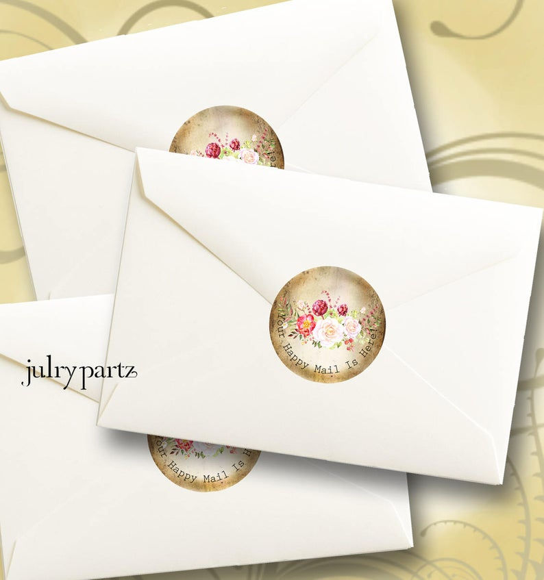 Thumbnail: Happy Mail •60 Custom 1.5 x 1.5 Round STICKERS•Package Labels•FLORAL