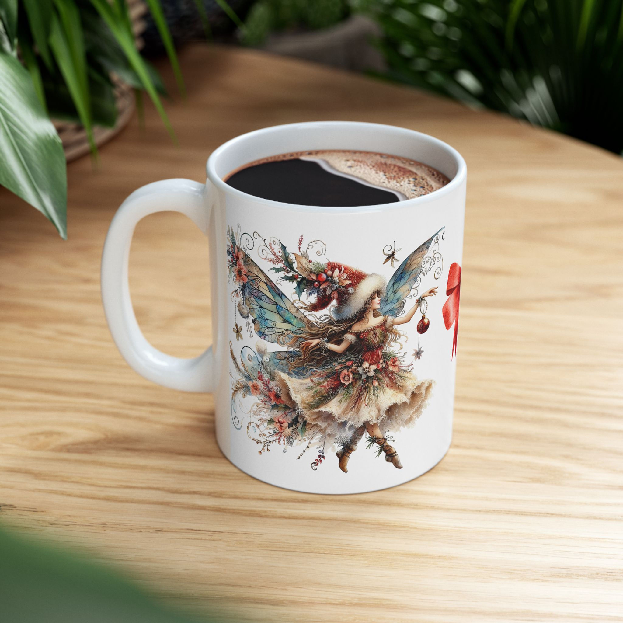 Christmas Candy Cane & Red Bow Fairy Ceramic Mug (11oz, 15oz)