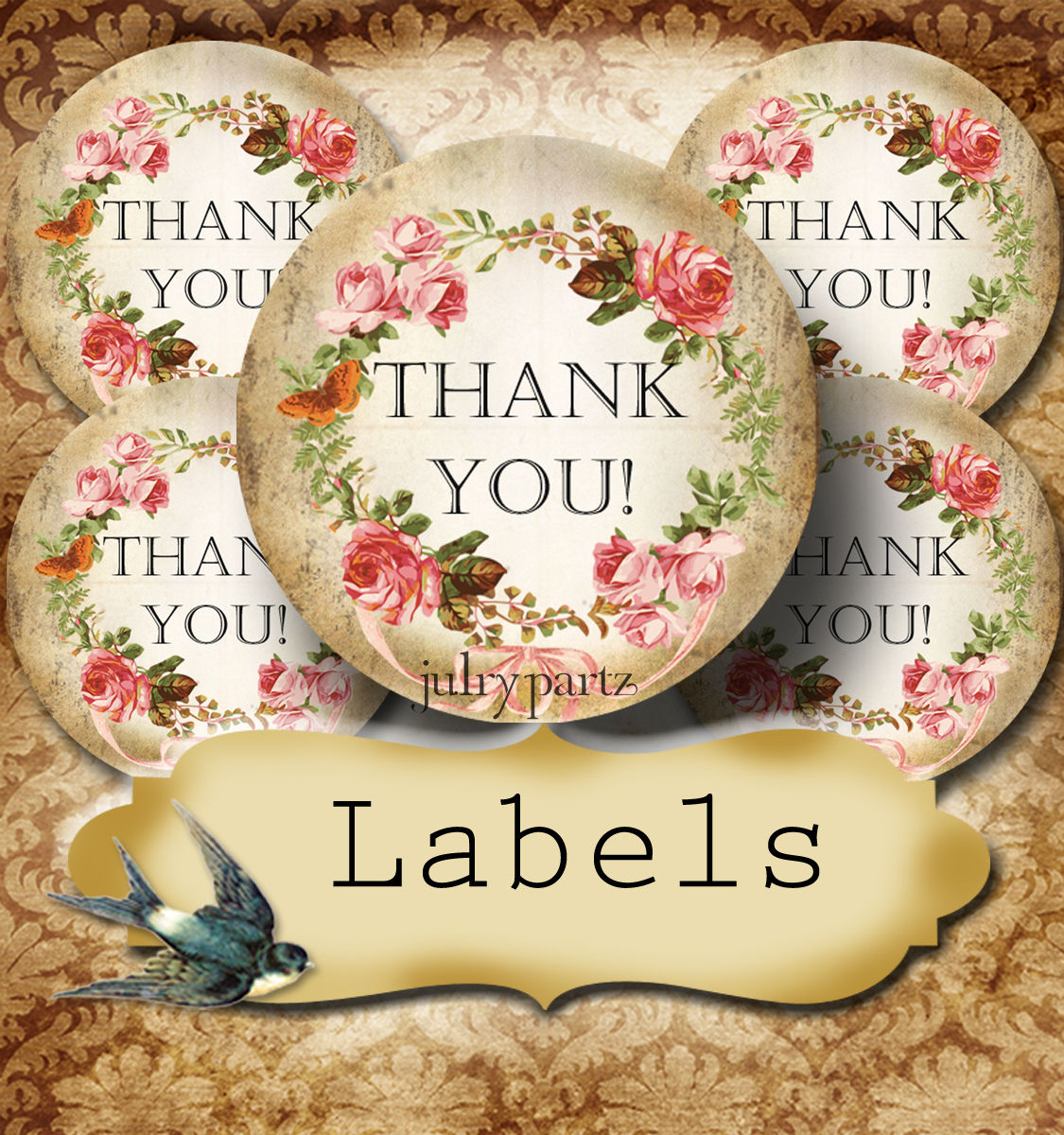 PREMADE •60 Custom 1.5 x 1.5 Round STICKERS•Round Labels•ROSE WREATH