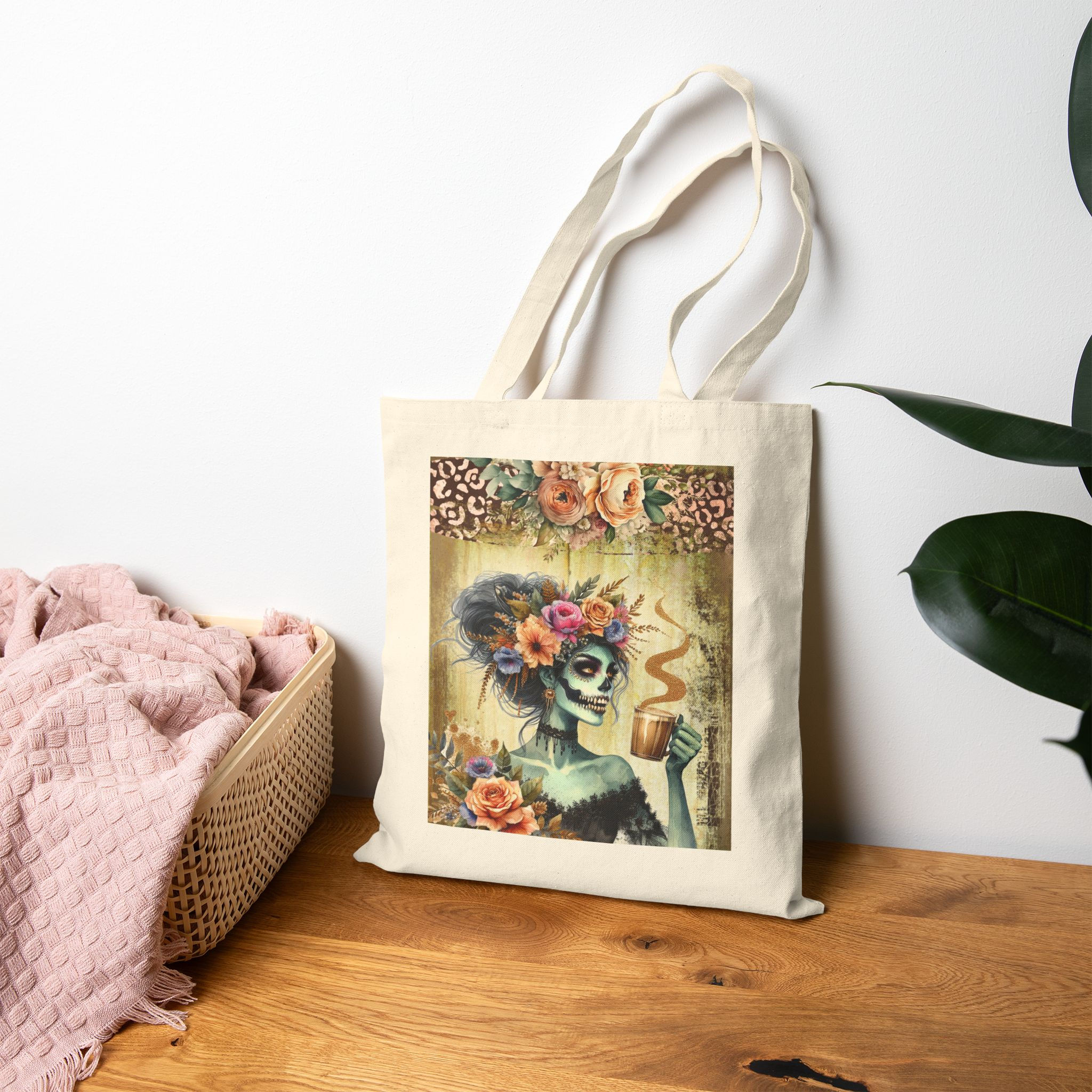  Zombie Coffee Girly #2, Floral Tote Bag, Eco-Friendly Shopping Bag