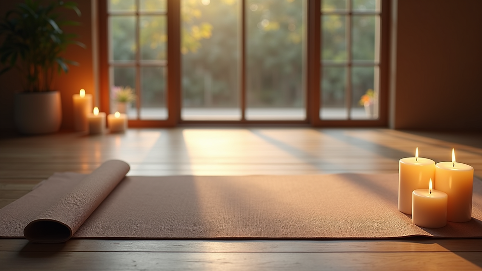 High-angle view of a peaceful meditation space with a yoga mat and candles