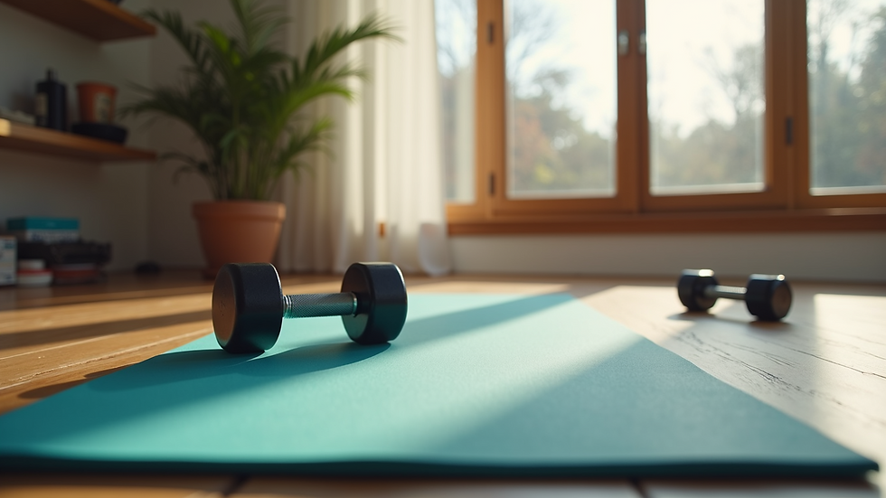 Eye-level view of a home workout setup with yoga mat and dumbbells